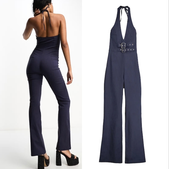 Bershka pinstripe Y2k halterneck jumpsuit buckle - Picture 2 of 11